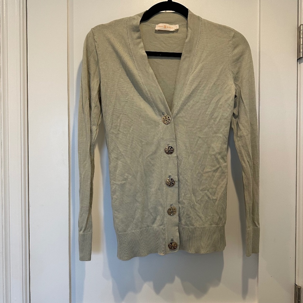 Tory Burch Simone Cardigan Sweater Green Ribbed Logo Gold Button Front Cotton
